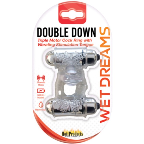 Wet Dreams Double Down Dual Motor Cock Ring W Power Bullet & Stimulator Tongue W Motor