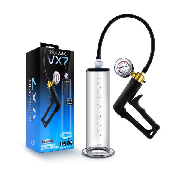 PERFORMANCE VX7 VACUUM PENIS PUMP W/ BRASS TRIGGER & PRESSURE GAUGE CLEAR
