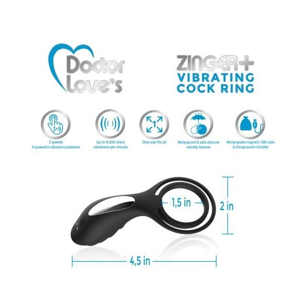 DOCTOR LOVE ZINGER+ VIBRATING RECHARGEABLE COCK RING BLACK