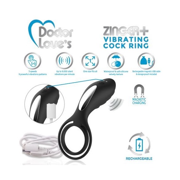 DOCTOR LOVE ZINGER+ VIBRATING RECHARGEABLE COCK RING W/ REMOTE BLACK