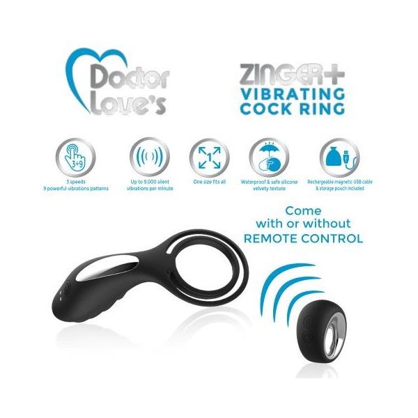 DOCTOR LOVE ZINGER+ VIBRATING RECHARGEABLE COCK RING W/ REMOTE BLACK