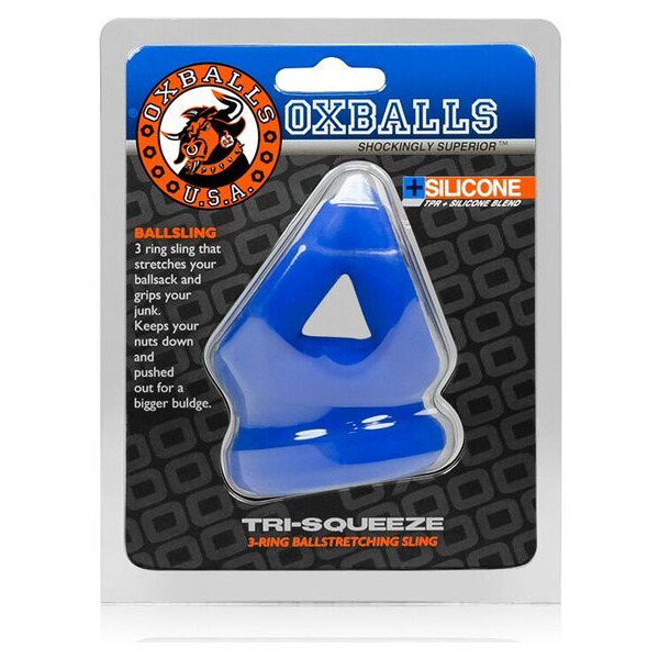 Tri Squeeze Cocksling Ball Stretcher Oxballs Silicone Tpr Blend Cobalt Ice